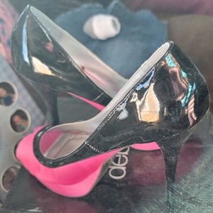 Pink and black open toed heel